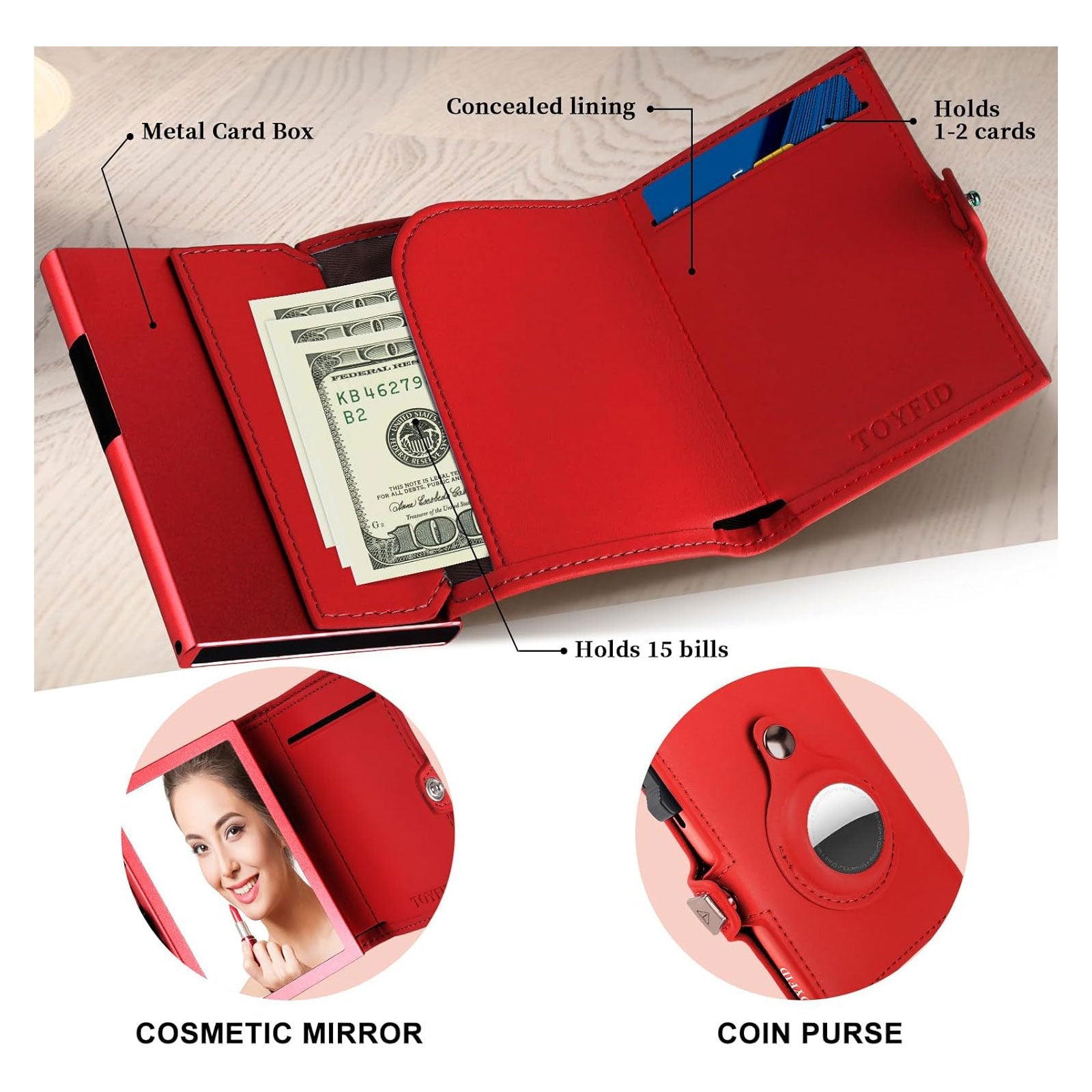 Women Wallet for Airtag, Small Pretty Wallet with Mirror for Women,Pop Up Wallet Compatible with Airtag, Tri-fold Genuine Leather Wallet Women with Mirror-3