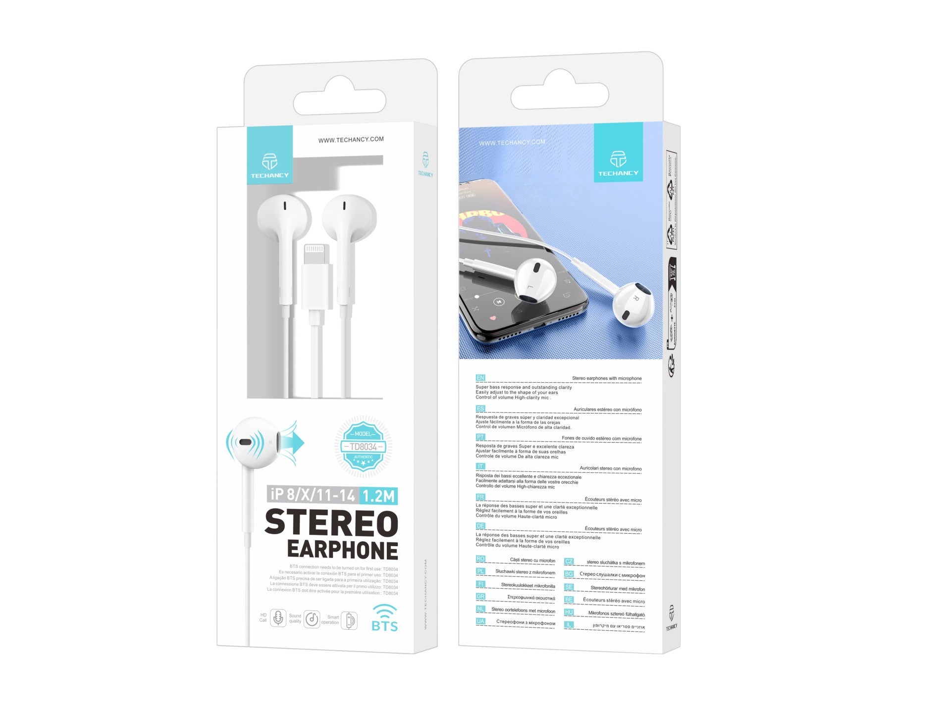 Techancy Fones De Ouvido TD8034 ，Estéreo Para Iphone 8/X/11-14, Branco, Com Microfone, Graves Potentes E Controle De Volume