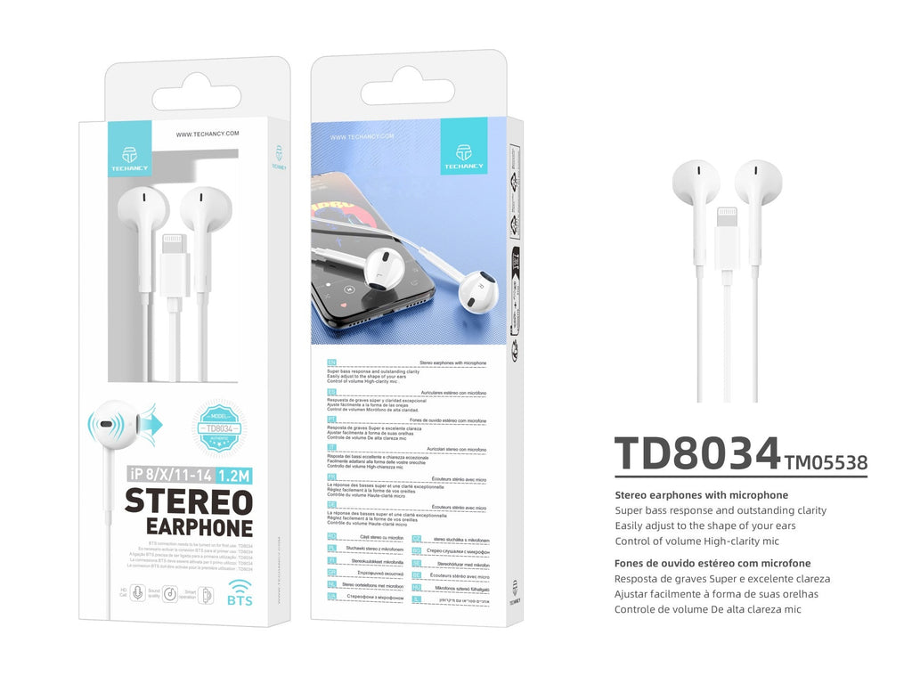 Techancy Fones De Ouvido TD8034 ，Estéreo Para Iphone 8/X/11-14, Branco, Com Microfone, Graves Potentes E Controle De Volume