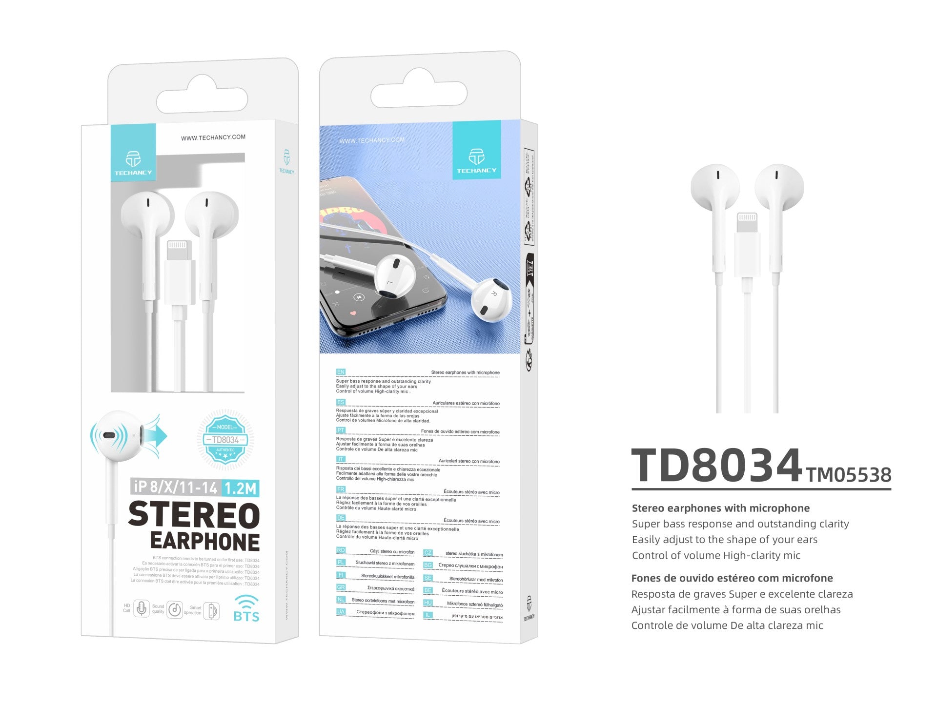 Techancy Fones De Ouvido TD8034 ，Estéreo Para Iphone 8/X/11-14, Branco, Com Microfone, Graves Potentes E Controle De Volume